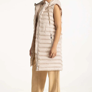 Chaleco Largo Acolchado Sin Mangas para Mujer, con Capucha, Cierre de Cremallera, Cortavientos, Informal, Color Beige Sólido - Product Image 3