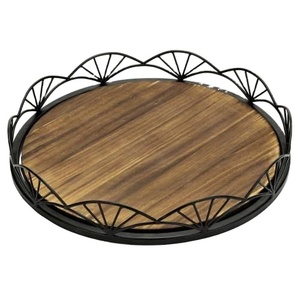 Plateau de service rond en bois avec bordure en fil métallique festonné noir – Plateau décoratif en bois et fil métallique pour table basse et cuisine - Product Image 1