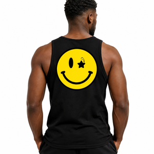 Débardeur noir pour homme Cosh International avec visage jaune brillant sur l'arrière du débardeur - Product Image 6
