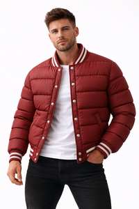 Chaqueta acolchada estilo universitario roja para hombre, abrigo bomber con botones a presión, cuello acanalado, ropa de calle, chaqueta de invierno - Product Image 3