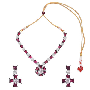 Imitation <b>Ruby</b> Pink Stone Vintage Style Brass Gold Plated Indian Bridal Wedding Jewelry Set with Choker <b>Necklace</b> and Earrings - Product Image 1