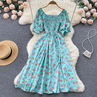 Gaun Wanita Grosir untuk Wanita Elegan Kustom Fashion O-neck Romantis Bermotif Bunga Rajutan Printing Belahan Panjang Puff Kasual