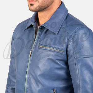 เสื้อแจ็คเก็ตหนังแท้สีฟ้าสำหรับผู้ชาย พรีเมียม ทรงคลาสสิก คอปกเสื้อเชิ้ต ทรงเข้ารูป หนังแท้เนื้อนุ่ม สวมใส่สบาย เหมาะสำหรับฤดูหนาว - Product Image 2