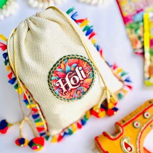 Sac Potli Festif Holi Fait Main avec Cordon de Serrage, Pochette Cadeau en Coton et Lin Ethnique avec Pompons Colorés pour Bonbons - Product Image 1