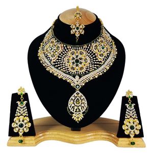 Luxury Gold Plated CZ Bridal <b>Necklace</b> Set for Women | Cubic Zirconia Wedding Jewelry Set | <b>Statement</b> <b>Necklace</b> Earrings & Tikka - Product Image 4