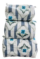 Ensemble de 3 trousses de toilette/maquillage géométriques en coton matelassé imprimé à la main, avec fermeture à cordon et poignée souple, idéales pour les voyages