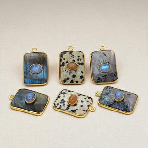 Pendentif en Pierre Précieuse Sertie, Plaqué Or, Argent 925, Double Pierre, Fait Main, Forme Rectangulaire, Breloques en Pierre Précieuse, Fournitures de Bijoux - Product Image 1