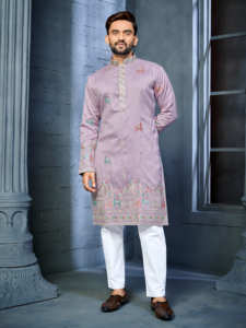Ensemble de kurta brodé pour homme, col mandarin, longueur genou, tenue traditionnelle indienne et pakistanaise - Product Image 1