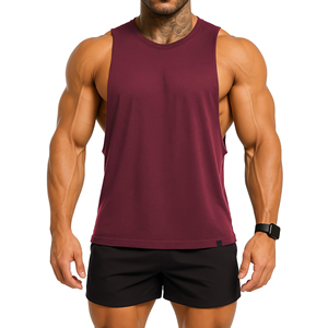 Camiseta sin mangas para hombre, color borgoña, cuello redondo, color sólido, de secado rápido, tejida, para entrenamiento. - Product Image 1
