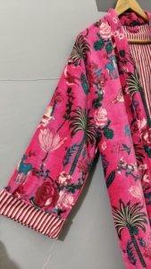 Pink Floral Printed Women's Indian Velvet <b>Kimono</b> Wrap Tie Robe <b>Jacket</b> Finished Reversible Eco-Friendly Long Coat Winter Bridal - Product Image 2