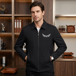 Chaqueta Negra para Hombre con Cuello Camisero y Cierre de Cremallera, Bordado de Alas, Color Sólido, Estilo Casual, Exterior de Poliéster, para Otoño - Product Image 6