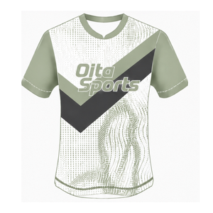 Maillot de rugby à manches courtes vert sauge, blanc et gris, col rond, graphique, performance athlétique, vêtements de sport d'équipe, entraînement, match de rugby - Product Image 1