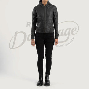 Premium Genuine Leather Hooded <b>Jacket</b> for Women Slim Fit Soft <b>Sheepskin</b> Black Leather Bomber <b>Jacket</b> With Ribbed Cuffs - Product Image 6