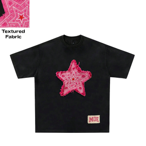 T-shirt Homme Oversize Noir en Coton Épais avec Patch Étoile Rose Vieilli Tendance, Tissu Texturé, Style Hip Hop Streetwear - Product Image 1