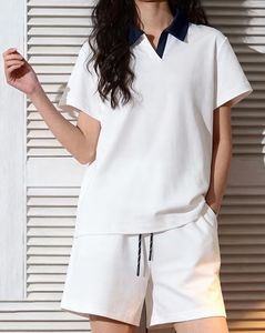 Womens White 2Piece Shorts Set Short Sleeve Polo Collar Loose Fit Casual Solid Color Breathable Oxford Cotton Spring Summer Wea - Product Image 1
