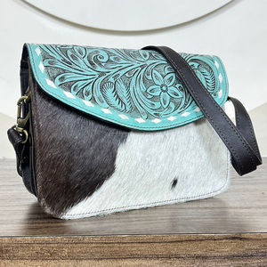 2025 Trending Wholesale Turquoise Tooled Cowhide Leather Crossbody Bag Western Style Genuine Leather Shoulder Purse for Women's - Product Image 4