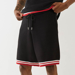 Men's Knitted Bermuda Shorts <b>Black</b> Red White Stripe Drawstring Waist Casual Solid Color Breathable Mesh Fabric - Product Image 1