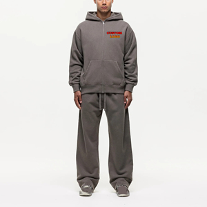 Ensemble sweat à capuche zippé et pantalon large imprimé flamme personnalisé, survêtement dégradé délavé pour homme, streetwear hip-hop, tenues quotidiennes 100% coton - Product Image 1