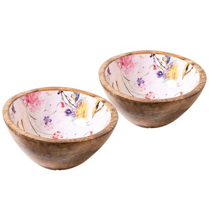 Bol à salade artisanal en bois de manguier écologique de luxe, émaillé, moderne, résistant au lave-vaisselle et au congélateur, motif floral aquarelle rose et blanc - Product Image 4