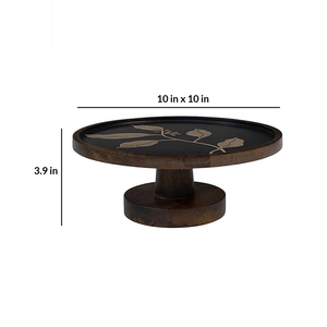 Support à gâteau en bois foncé avec motif de feuille incrusté, élégant plateau de service conçu pour des présentations de desserts luxueuses et stylées - Product Image 3