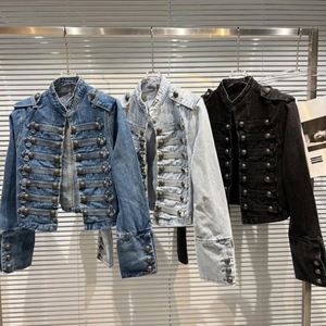 Women's Denim Jacket Eco-Friendly Breathable Contrast Color Shoulder Patches <b>Button</b> Front Long Sleeve - Product Image 3