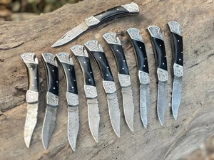 Cuchillo Plegable de Damasco Hecho a Mano, Cuchillo de Bolsillo con Mango de Cuerno de Acero, Multifuncional, Industrial, OEM, DIY, Funda de Cuero, EDC para Exteriores - Product Image 5