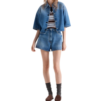 Kemeja Denim Crop Wanita Trendi Ukuran Besar Kasual Premium Streetwear OEM Fashion Kancing Depan Atasan Denim Label Pribadi