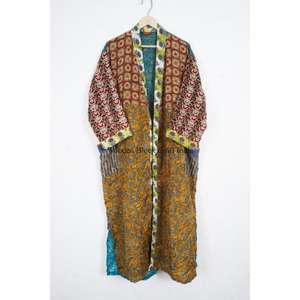 Robe kimono en soie florale vintage indienne pour femmes, style bohème, col en V avec ceinture pour l'été et le printemps - Product Image 4