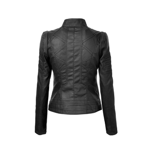 Blouson en cuir PU pour homme, style motard, col montant, fermeture éclair, coupe ajustée, pour l'automne, manches classiques, couleur unie - Product Image 1