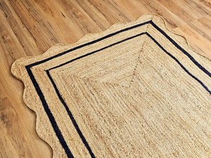 Alfombra de Yute Natural Hecha a Mano con Borde Negro Festoneado, Alfombra Rectangular de Yute Trenzado Tejida a Mano - Product Image 4