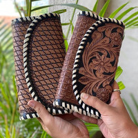 Tas tangan berukir dompet modis warna Pirus untuk wanita dompet kulit barat Clutch casing ponsel Multi guna