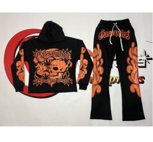 สินค้ามาใหม่ ชุดเซ็ตฮู้ดดี้และกางเกงวอร์มทรงบ็อกซี่ฟิตสำหรับผู้ชาย ออกแบบเองได้ พิมพ์ลายสกรีน ทรงหลวม ขาบาน ชุดวอร์มผู้ชาย - Product Image 1