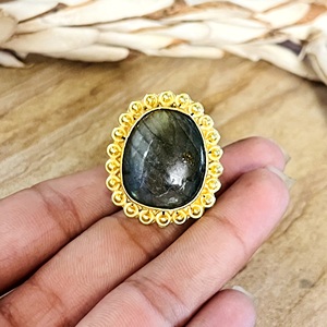 High Demand Boho Labradorite <b>Ring</b> Vintage Brass <b>Rings</b> for Women 18k Gold Plated Beaded Tribal <b>Statement</b> for Wholesale/OEM/ODM - Product Image 6