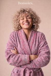Premium Pink <b>Waffle</b> <b>Block</b> Printed Cotton Bathrobe Lightweight Quick Dry Handcrafted Luxury Spa Kimono Cotton Loungewear Robe - Product Image 2