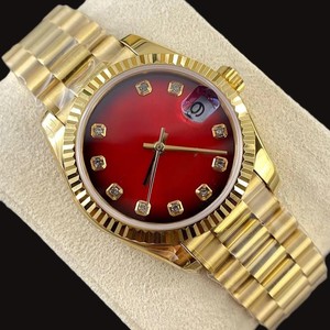 Outstanding <b>Red</b> Color Round Dial Gold Plated Stainless Steel Band With Auto <b>Date</b> Features Man's Mechanical Modern Standard Watch - Product Image 4
