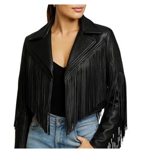 Custom Women Brown Fringe <b>Leather</b> <b>Jacket</b> Vintage Western Cowgirl Cropped PU <b>Leather</b> <b>Jacket</b> Casual <b>Suede</b> Fringe Outerwear <b>Jackets</b> - Product Image 4