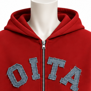 <b>Red</b> Mens Zip Up <b>Hoodie</b> Heavyweight Fleece Chenille Letter Applique Oversized Casual Streetwear Sweatshirt with Kangaroo Pockets - Product Image 3
