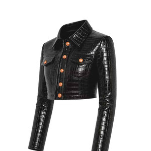 Chaqueta de Cuero Negra para Mujer, Estilo Trucker, Corte Recortado, Manga Larga, Cuello Camisero, Color Sólido, Estilo Otoñal, Patrón Grabado Tipo Cocodrilo - Product Image 1
