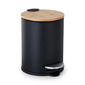 Cubo de Basura Moderno de Metal Negro con Tapa de Bambú Natural y Cubo Interior Extraíble para Cocina, Baño, Oficina y Hogar - Product Image 3