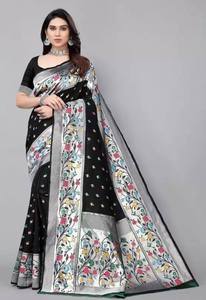 Sari de seda negro con bordado floral y borde plateado, traje tradicional indio para bodas, para mujeres. - Product Image 1