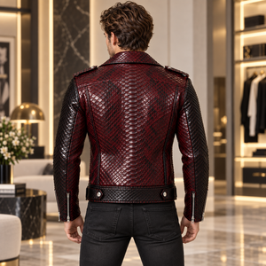 Men's Red Black Solid Genuine Leather Streetwear Winter Moto Biker <b>Jacket</b> <b>Zipper</b> <b>Pockets</b> Slim Fit - Product Image 3