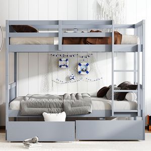 Twin Over Twin Rubber <b>Wood</b> <b>Bunk</b> <b>Bed</b> with 2 Drawers Convertible Into 2 Twin <b>Beds</b> Ladder Safety Guard for Kids' <b>Beds</b> - Product Image 1
