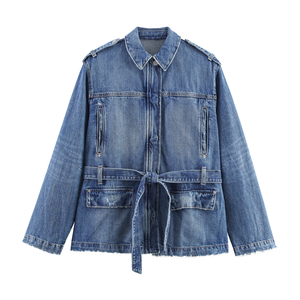 Chaqueta de mezclilla azul para mujer con cuello vuelto, cremallera, fajas, manga larga, estilo casual y holgado. - Product Image 3
