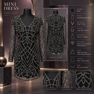Glamorous <b>Black</b> Embellished Mini <b>Dress</b> | Deep V-Neck <b>Long</b> Sheer <b>Sleeve</b> Geometric Sequin <b>Evening</b> Party <b>Dress</b> for Cocktail Formal - Product Image 5