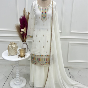 Ensemble Sharara en tissu pur, doux et croquant, avec dupatta, prêt à porter, infroissable et extensible, idéal pour les fêtes - Product Image 1