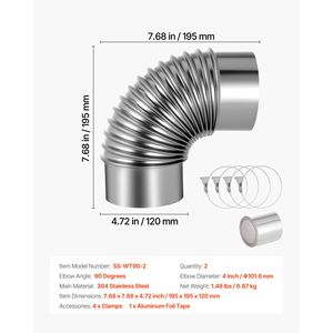 Kit Gomito a 90 Gradi in Acciaio Inossidabile per Scarico Asciugatrice (Confezione da 2) per Tubi da 4 Pollici con 4 Morsetti e Raccordo in Alluminio - Product Image 4