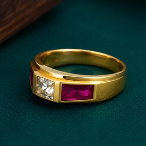 22K Gold Band Ring for Men Featuring a Central Round Brilliant Solitaire and Two Ruby Red Baguette Gemstones - Product Image 2