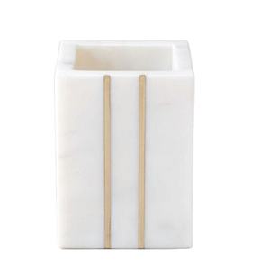 Portalápices de mármol blanco hecho a mano con incrustaciones de latón para organizador de escritorio Almacenamiento de oficina de lujo para bolígrafos Lápices y herramientas de escritura - Product Image 1