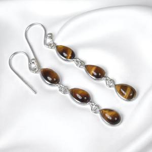 Pendientes Largos Colgantes de Plata de Ley 925 con Gema de Ojo de Tigre en Forma de Pera, Joyería Artesanal con Piedras Preciosas - Product Image 2