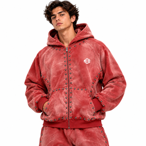Sweat à capuche zippé en velours bouclette épais 450 g/m² pour homme, avec rivets rouges et broderies, en coton épais pour l'hiver - Product Image 3